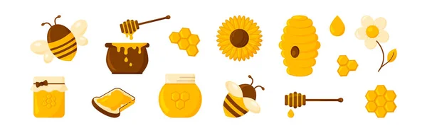 蜂蜜ベクトルセット 漫画蜂 ハニカム ポット じんましん 白い背景に隔離された甘い製品セット かわいい桃のイラスト — ストックベクタ