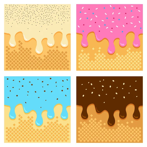 ワッフルベクトルコーンパターン 溶融キャンディーの背景 漫画のウェーハとアイスクリームの流れダウン 甘い漫画のイラスト — ストックベクタ
