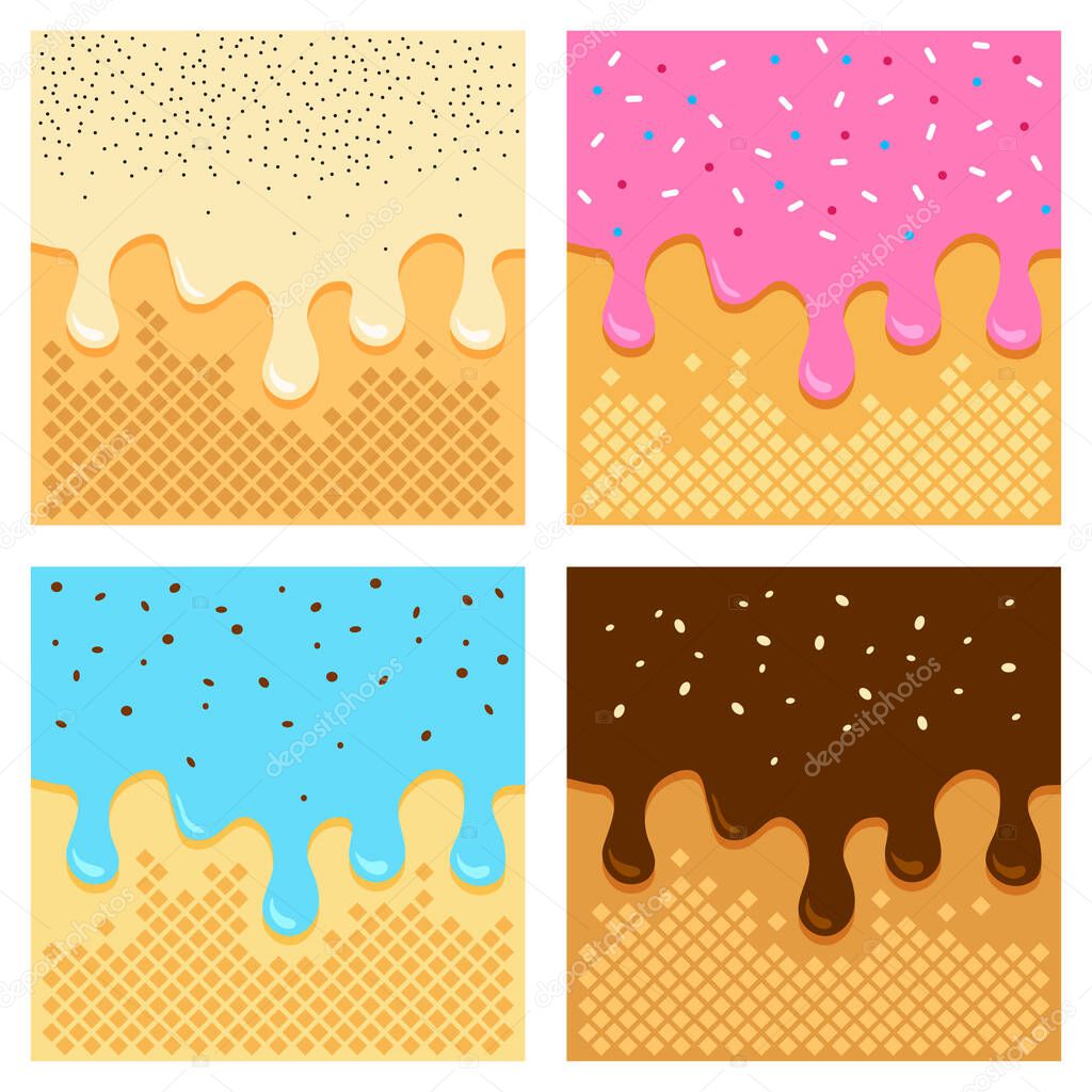 Waffle vector cone pattern, melt candy background, cartoon wafer and ice cream flow down. Sweet cartoon illustration