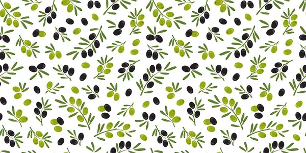Olive Vector Seamless Pattern Green Black Fruit Branch Leaf Italy — Stock Vector