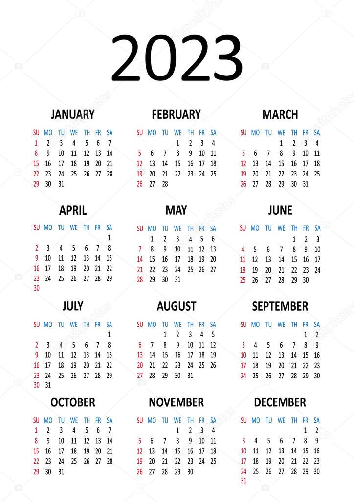 American calendar 2023 year. Week starts on Sunday. Vector illustration