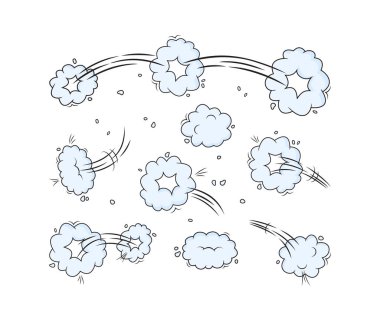 Speed vector blue clouds. Motion puff effect explosion bubble set, jumps with smoke or dust. Cartoon illustration