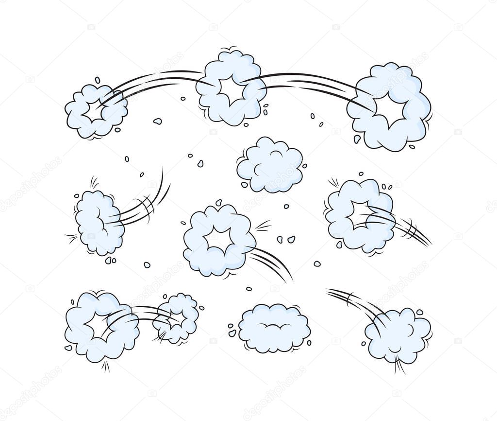 Speed vector blue clouds. Motion puff effect explosion bubble set, jumps with smoke or dust. Cartoon illustration