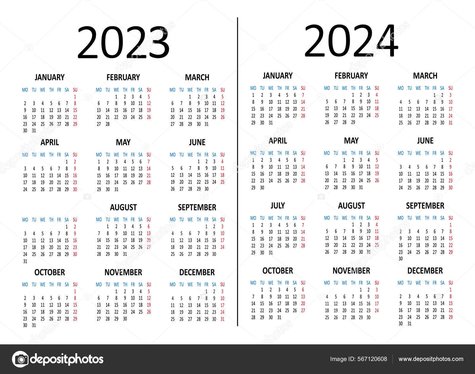 Calendar 2023 2024 Years Week Starts Monday Vector Illustration Stock