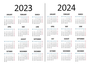 Takvim 2023 2024. Hafta pazartesi başlıyor. Vektör illüstrasyonu