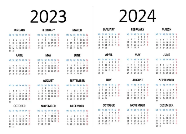 Calendario 2023 2024 Años Semana Comienza Lunes Ilustración Vectorial — Vector de stock