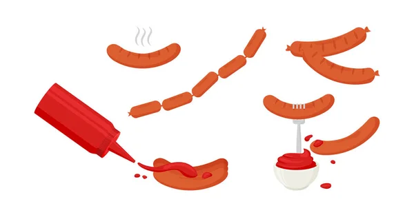 Icône Vectorielle Saucisses Sauce Sauce Bouteille Ketchup Bol Faire Griller — Image vectorielle