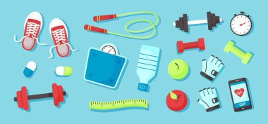 Fitness aksesuarları vektör ikonu, spor ekipmanları üst görünüm, sağlık egzersizi ve egzersiz. Çizgi film illüstrasyonu