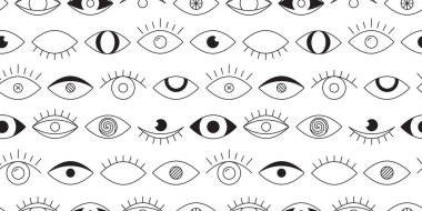 Göz vektörü kusursuz desen, siyah-beyaz karakter baskısı, sevimli karalama dokusu, eski görünüş duvar kağıdı. Çizgi film illüstrasyonu