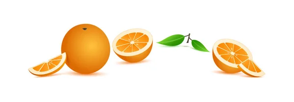 橙载体图标 柑橘类水果和叶子3D分离的白色背景 自然图解 — 图库矢量图片
