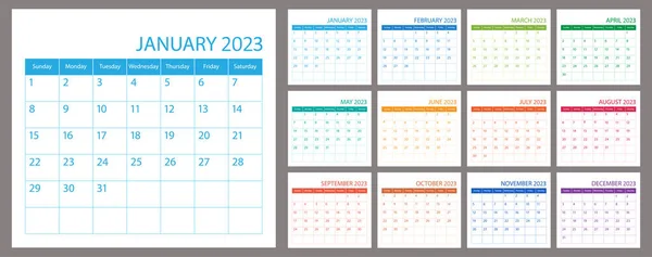 Calendario 2023 Calendario Vettoriale Calendario Mese Calendario Modello Organizzatore Settimana — Vettoriale Stock