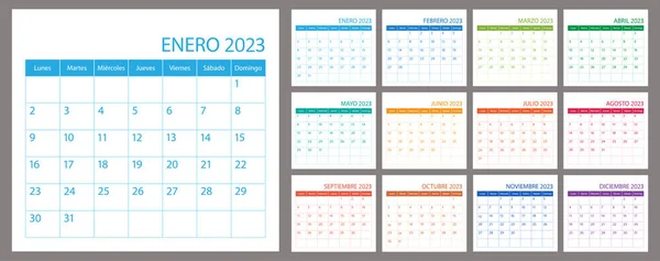 İspanyol vektör takvim planlayıcısı 2023, takvim ay çizelgesi, düzenleyici şablon. Hafta pazartesi başlıyor. Kişisel iş sayfası. Modern basit resimleme