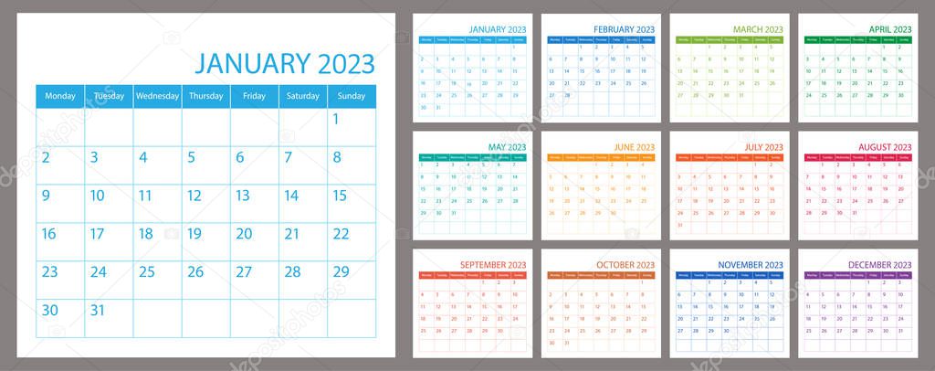 Calendar planner 2023, vector schedule month calender, organizer template. Week starts on Monday. Business personal page. Modern simple illustration