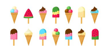 Dondurma ikonu, waffle konisi, dondurma ve dondurma kepçesi. Çizgi film çikolatası ve vanilyalı tatlı seti, meyve şerbeti. Yaz koleksiyonu beyaz arka planda izole edildi. Tatlı illüstrasyon