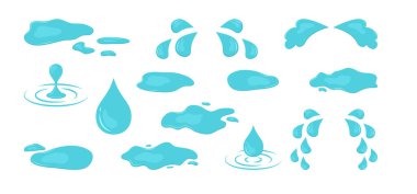 Puddle and tear, water drop and sweat, cry and rain. Cartoon blue splash and droplet isolated on white background. Abstract illustration