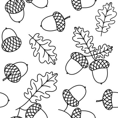 Acorn vector line seamless pattern, autumn line background, fall oak leaf and nut, black foliage outline texture. Vintage botany illustration