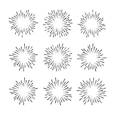 Patlama çizgisi vektör simgesi, güneş yıldız kümesi, retro daire güneş ışığı, beyaz arkaplanda izole edilmiş siyah yıldız patlaması elementi. Basit yuvarlak resimleme