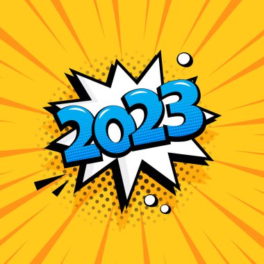 Çizgi roman 2023 yeni yıl vektör geçmişi, pop sanat tarzında çizgi film konuşma balonu, Noel posteri, komik balon. Kutlama illüstrasyonu