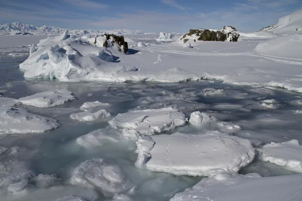 Faixa costeira de pequenos icebergues e ilhas de gelo congeladas Antárctico — Fotografia de Stock