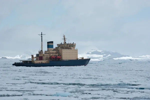 Icebreaker which floats on the frozen Strait spring Antarctic mo Royalty Free Stock Images