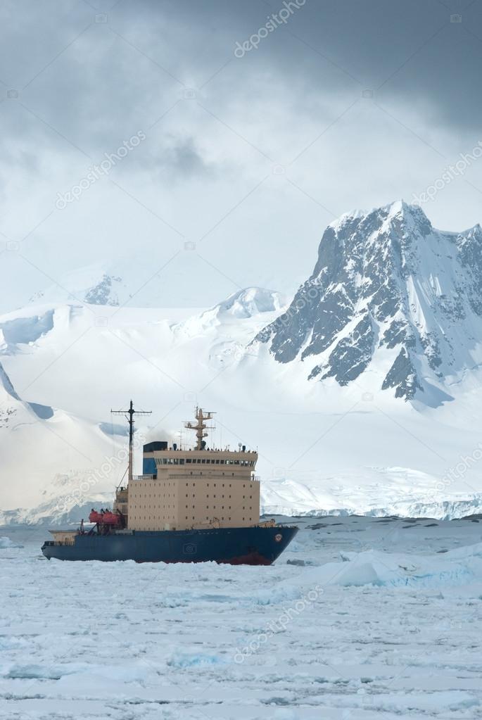 icebreaker which floats on the frozen Strait spring Antarctic