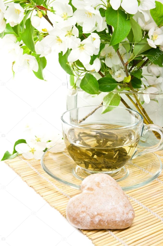 Green tea, white flower with green leaves and spice-cake