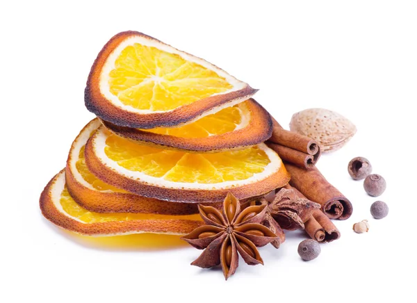 Spices,anise , cinnamon and orange segments — Stock Photo, Image