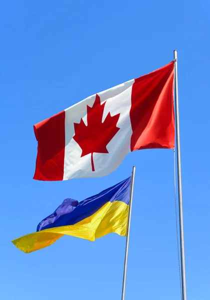 Vlaggen Van Oekraïne Canada Vliegen Tegen Blauwe Lucht — Stockfoto