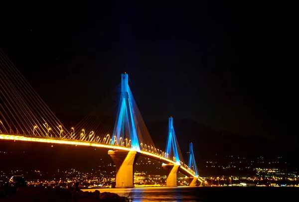 Rio Antirio Cable Stayed Bridge Gulf Corinth Greece Night Lighting — ストック写真