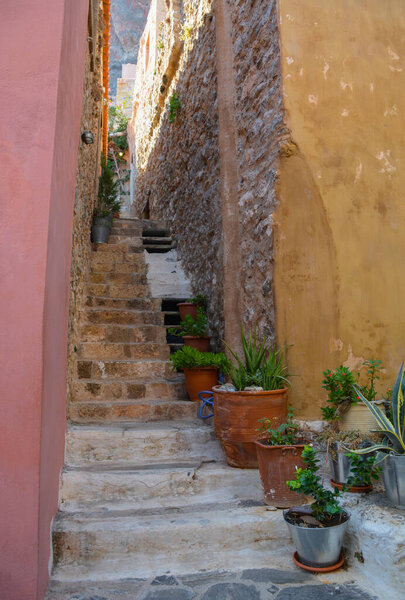 Narrow streets village of Monemvasia on the Peloponnese in Greece at sunset