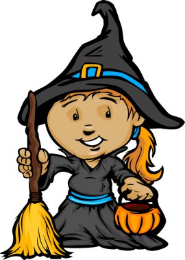 şirin halloween kız cadı kostümü karikatür vektör çizim