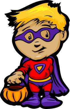 şirin halloween çocuk süper kahraman kostümü karikatür vektör illustra