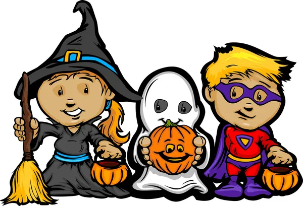 Cute halloween kids in truc of behandelen kostuums cartoon vector il — Stockvector