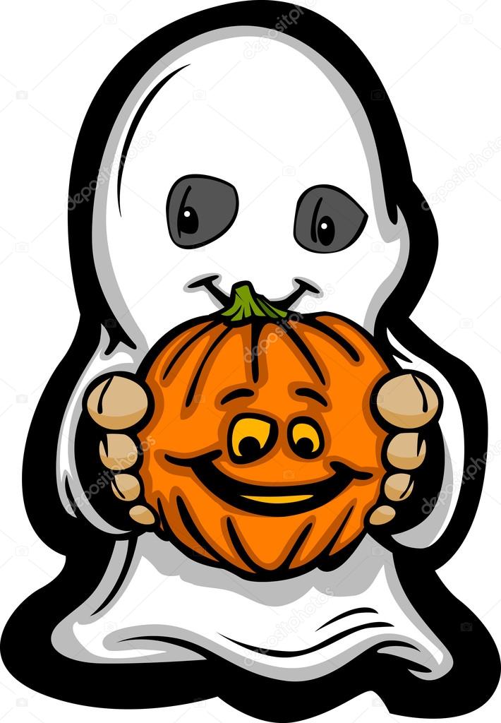 Cute Halloween Kid In Ghost Costume Cartoon Vector Illustration