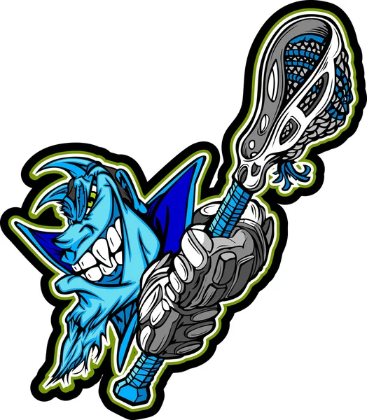 Blauwe demon mascotte houden lacrosse stok vectorillustratie — Stockvector