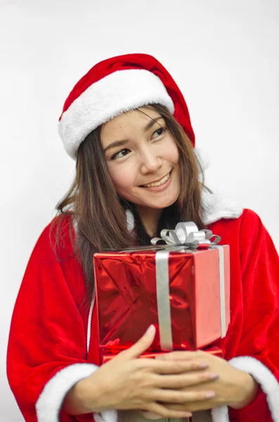 Jultomten hatt med röd jul gåva ruta — Stockfoto