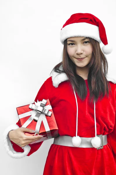 Santa claus klobouk s červenou Vánoční dárková krabička — Stock fotografie