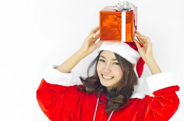 Santa claus hat with grey christmas gift box — Stock Photo, Image