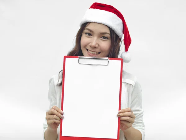 Flicka i santa hatt hålla banner. — Stockfoto