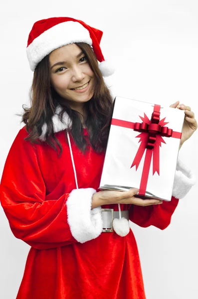 Santa claus hat with grey christmas gift box — Stock Photo, Image
