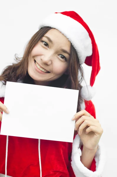 Girl in Santa holding banner. — Stock Photo, Image