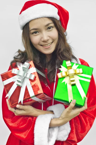 Jultomten hatt med jul gåva lådor — Stockfoto