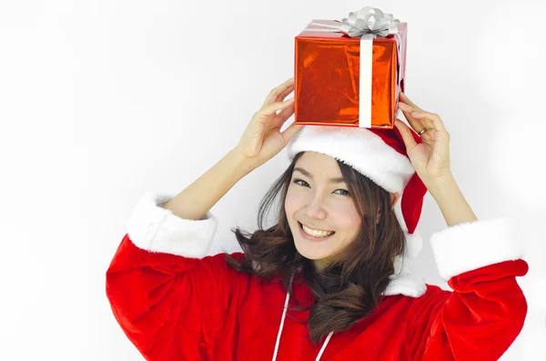 Santa claus hat with grey christmas gift box — Stock Photo, Image