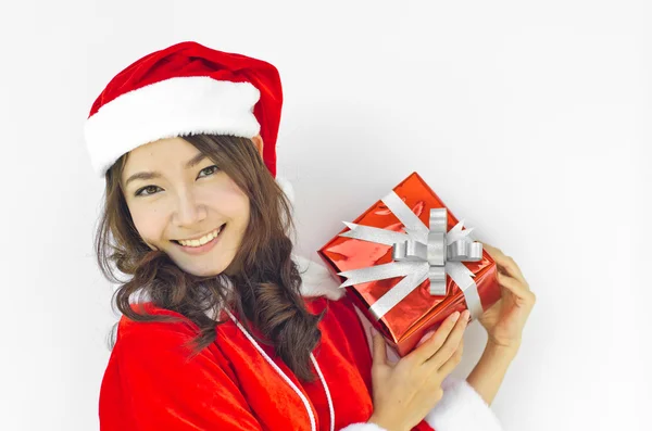 Santa claus hat with grey christmas gift box — Stock Photo, Image