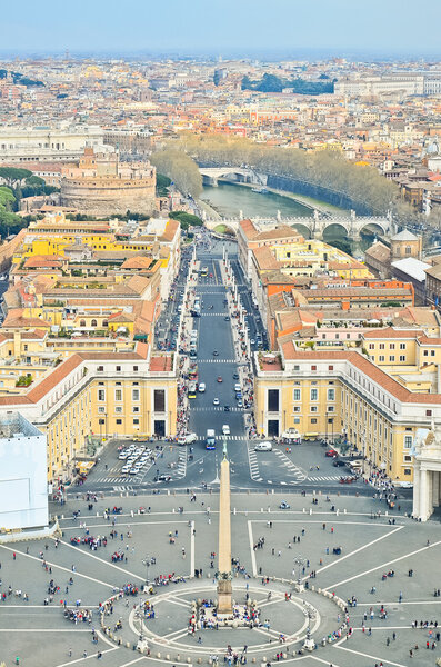 View of St. Peter's Square, as seen from the top of the Vatican, in Rome.