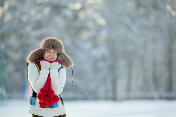 雪に覆われた毛皮で覆われたフードで若い女性 — ストック写真