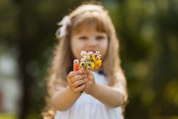 Девушка с подсолнухом на летнем поле — стоковое фото