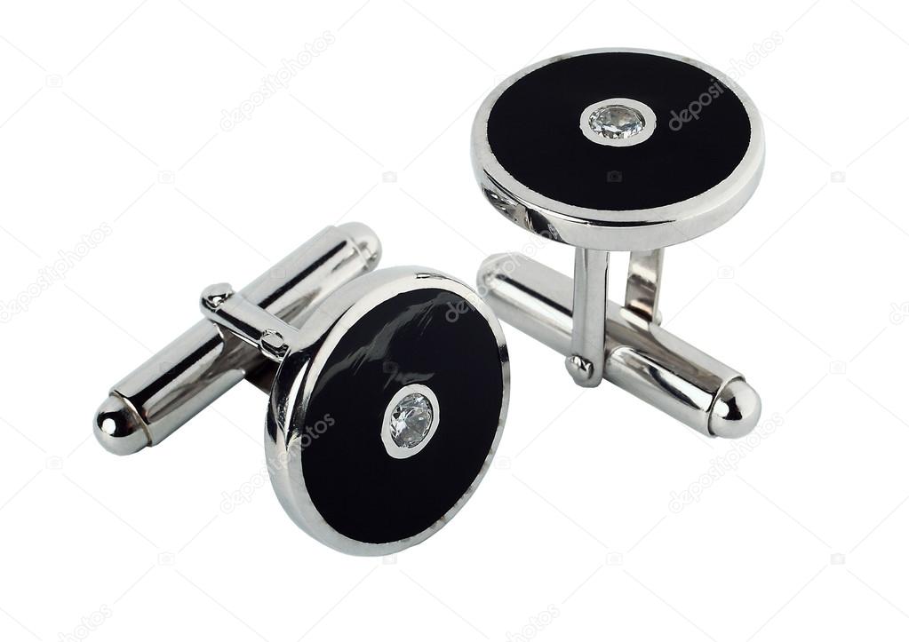 Silver cufflinks with stone on a white background