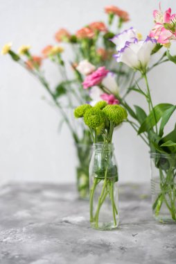 Fotokopi alanı ile gri arkaplan üzerinde renkli çiçek kompozisyonu. Dekorasyon için taze kesilmiş çiçekler. Ev için vazoda çiçek aranjmanı. Kadınlar Günü ve bahar zamanı çiçek arkaplanı