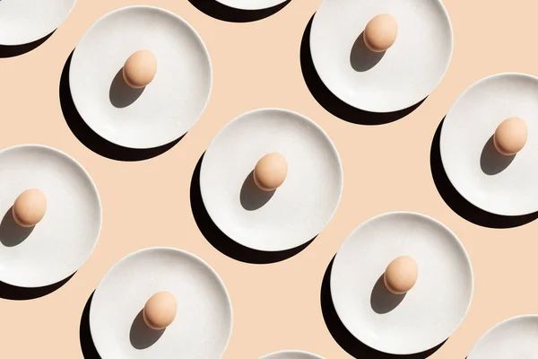 Pattern Eggs Beige Background Top View Raw Chicken Egg Beige — ストック写真